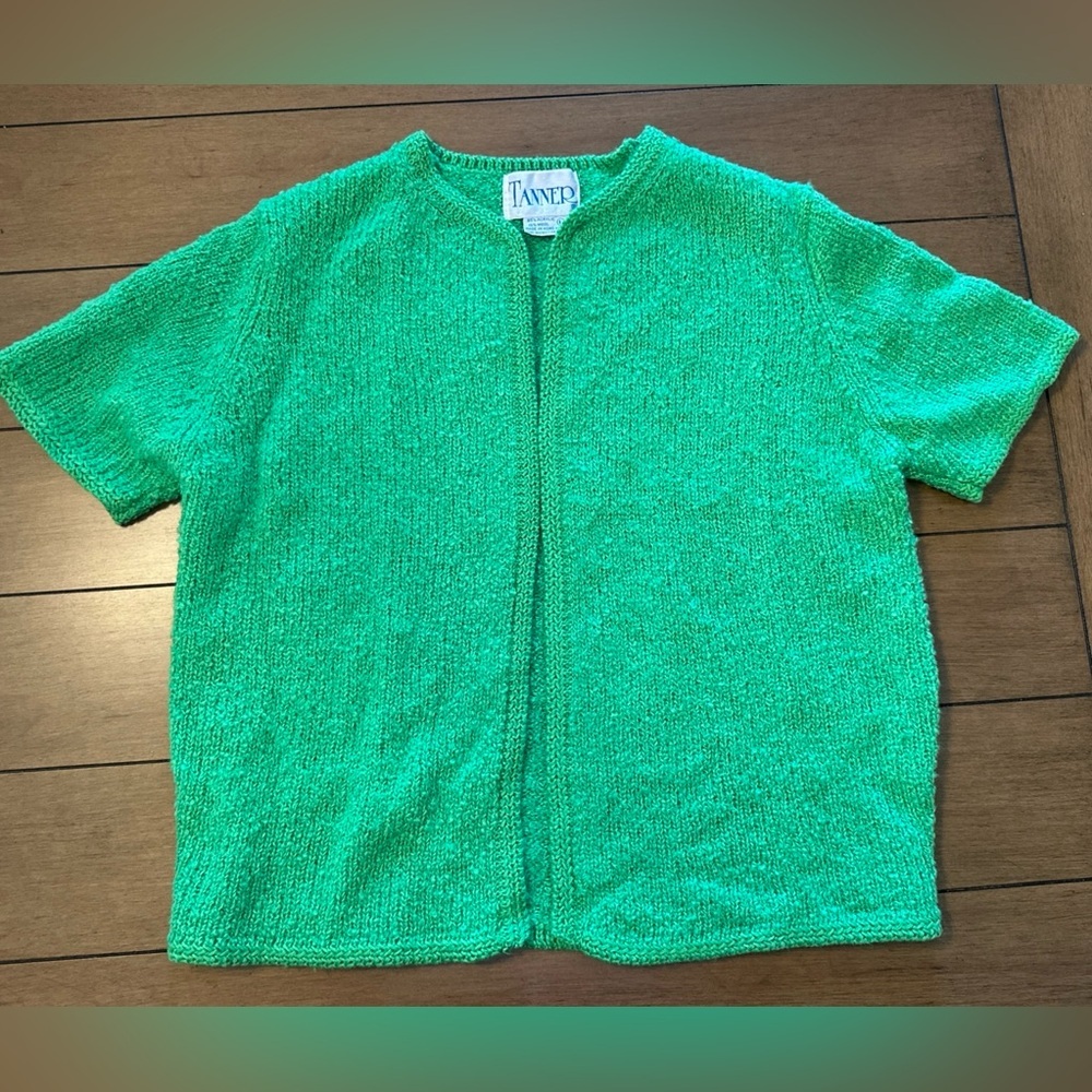 Vintage Tanner Womens Open Knit Cardigan Short Sleeve Grandma Cottage Core Green